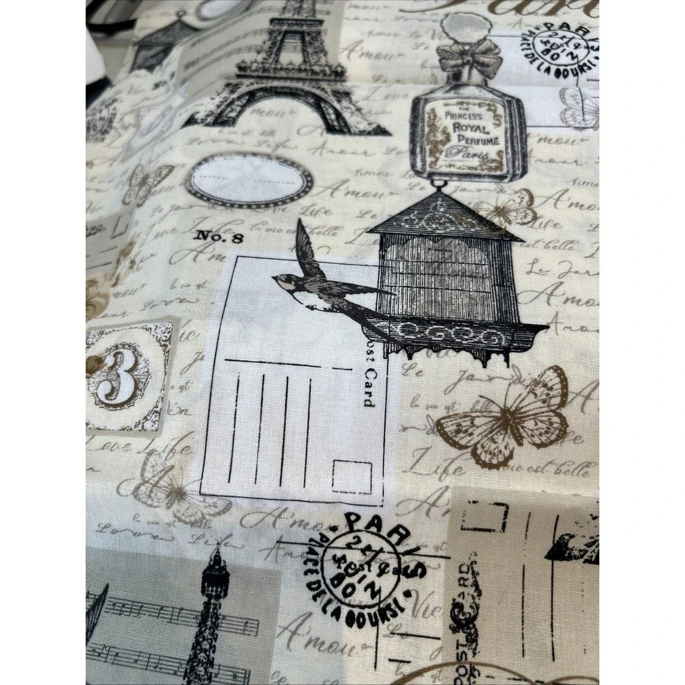 Paris Postcard Stamps Eiffel Tower France Cotton Quilting Fabric Music Notes